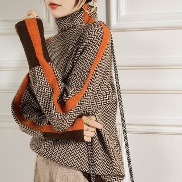Turtleneck Long Sleeve Herringbone Knit Sweater
