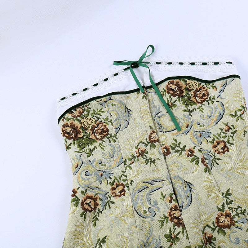 Floral Tapestry Strapless Bow Front Corset Mini Dress