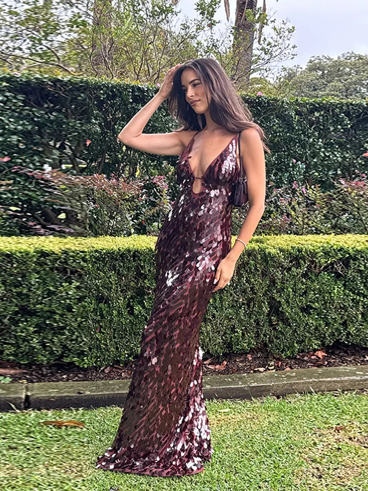 Sequin Deep V-Neck Spaghetti Strap Cut Out Slip Maxi Dress