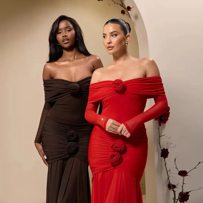 Off Shoulder Long Sleeve Rosette Mermaid Gown
