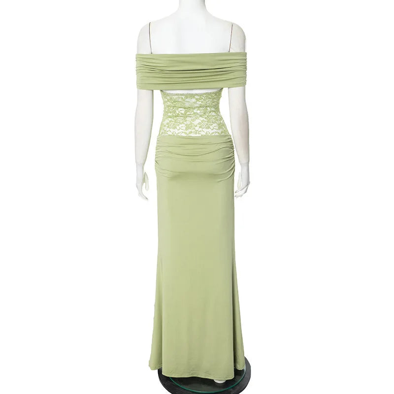 Off - shoulder Strapless Green Lace Sheer Long Dress - View 9