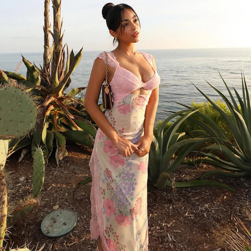 Lace V-Neck Cut Out Floral Lace Trim Maxi Dress