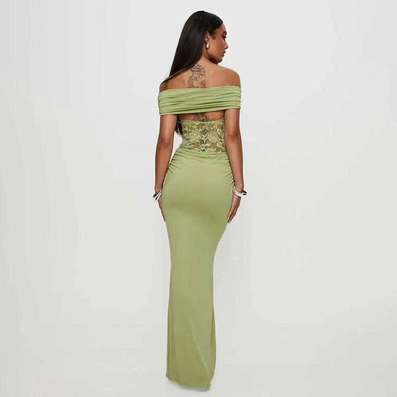 Off - shoulder Strapless Green Lace Sheer Long Dress - View 3
