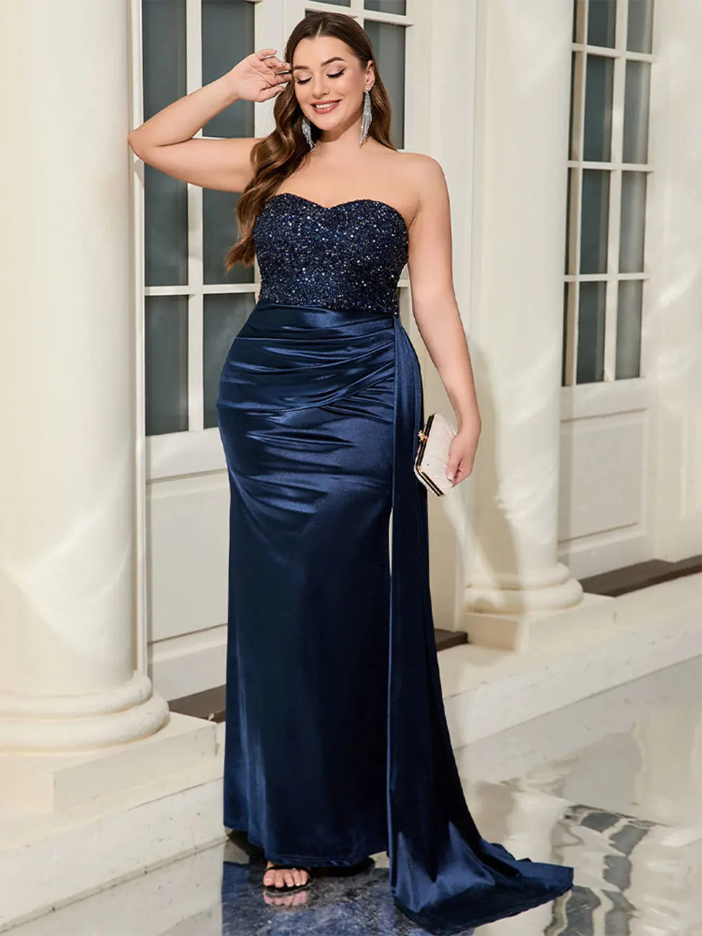 Sequin Strapless Sweetheart Ruched Draped Side Panel Satin Maxi Gown
