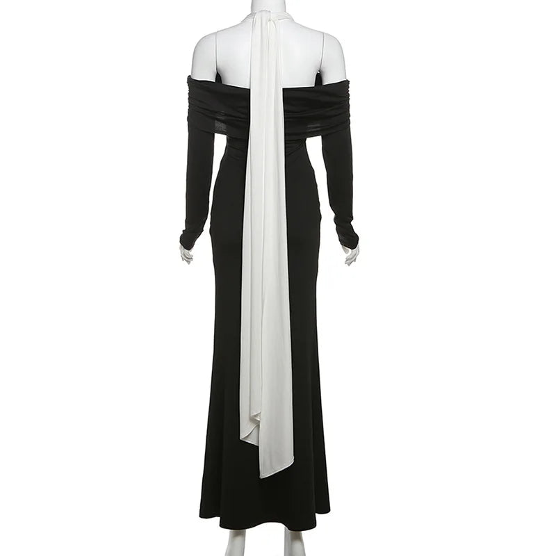 Off Shoulder Halter Cross Neck Long Sleeve Mermaid Maxi Dress