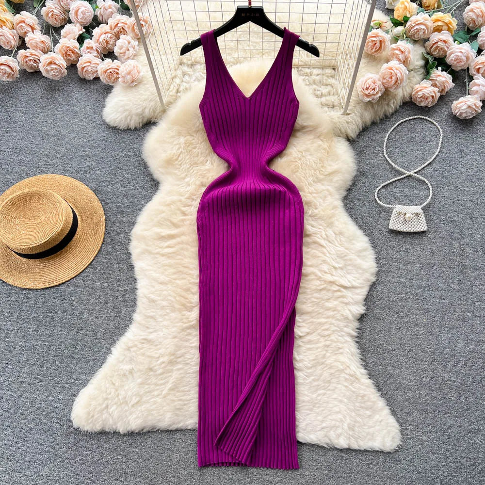 Ribbed Knit V-Neck Sleeveless Cut Out High Split Bodycon Maxi Dress