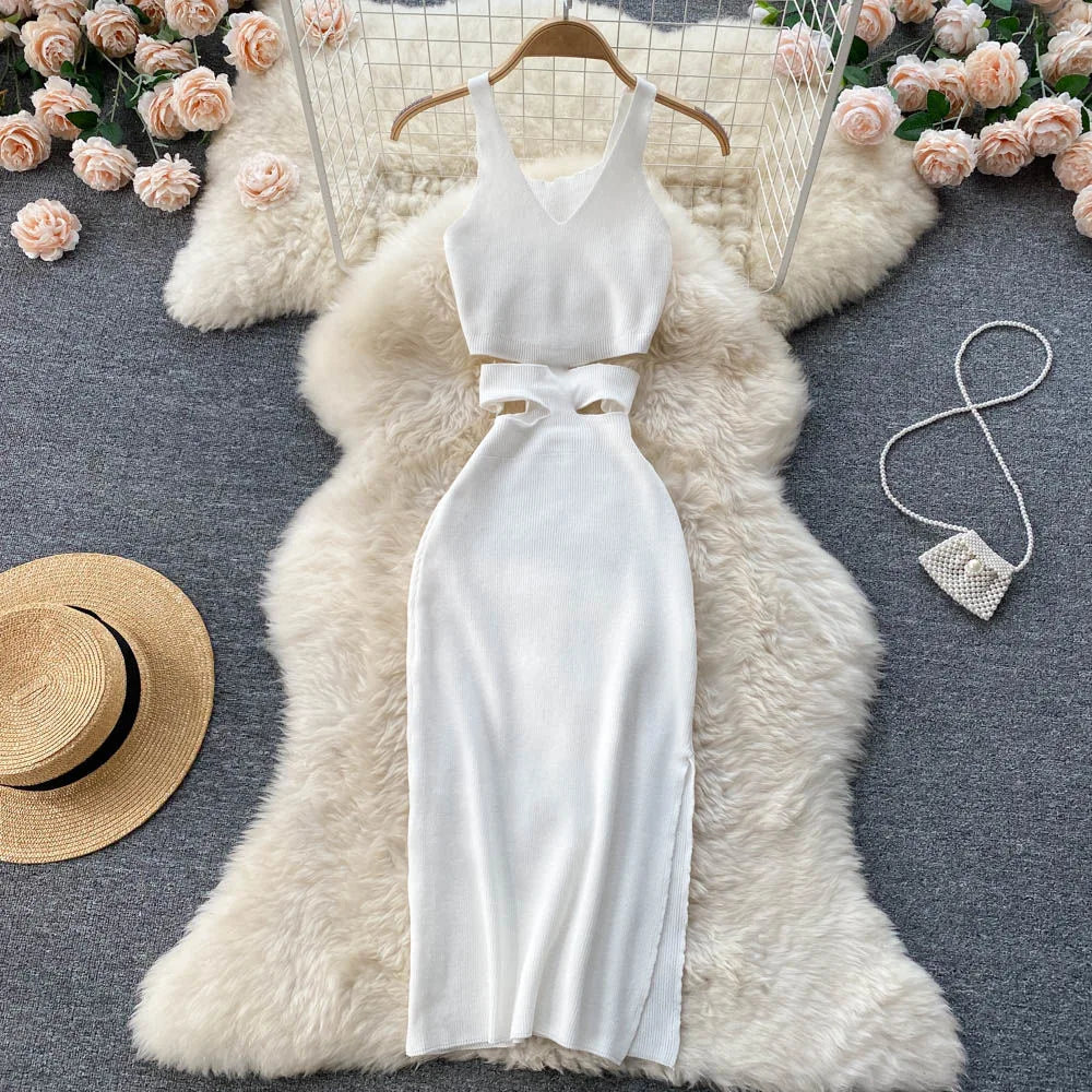 Rib Knit Deep V-Neck Waist Cut Out Side Slit Bodycon Midi Dress