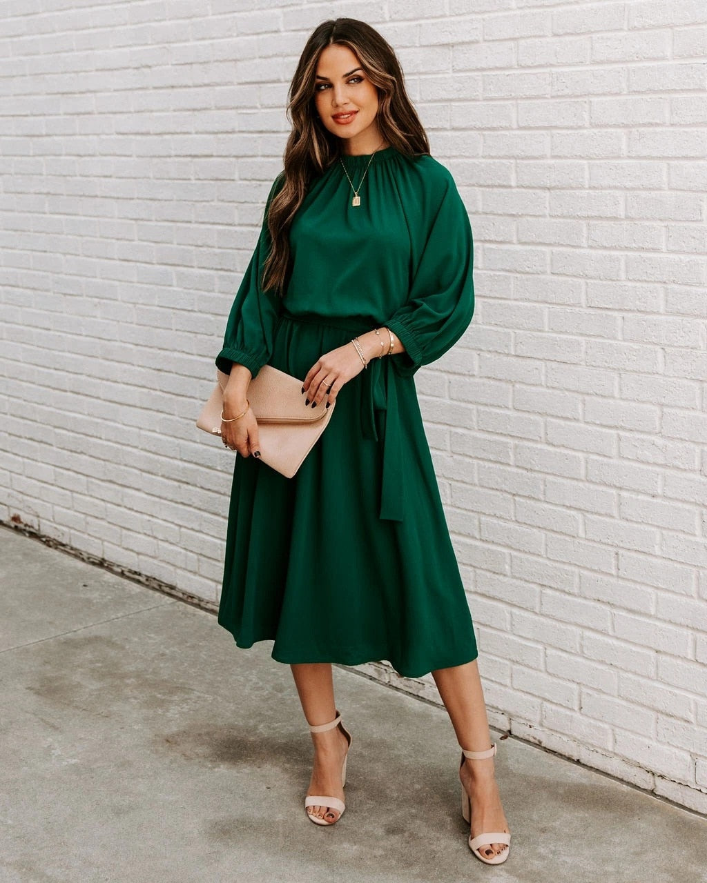 Mock Neck Long Sleeve Belted A-Line Midi Dress