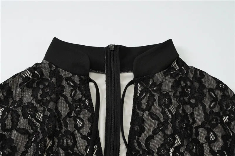 Mesh Lace Ruffled Black Hollow Out Long Dress - View 8
