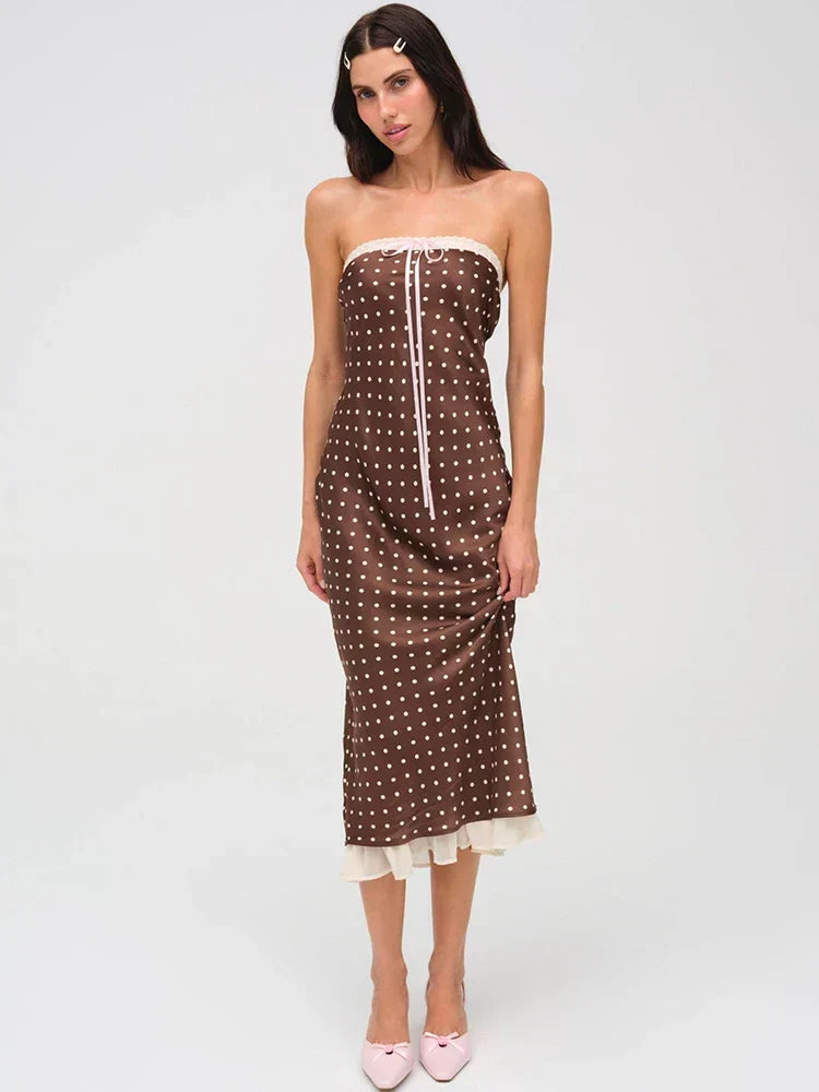 Polka Dot Strapless Lace Trim Bow Front Ruffle Hem Midi Dress