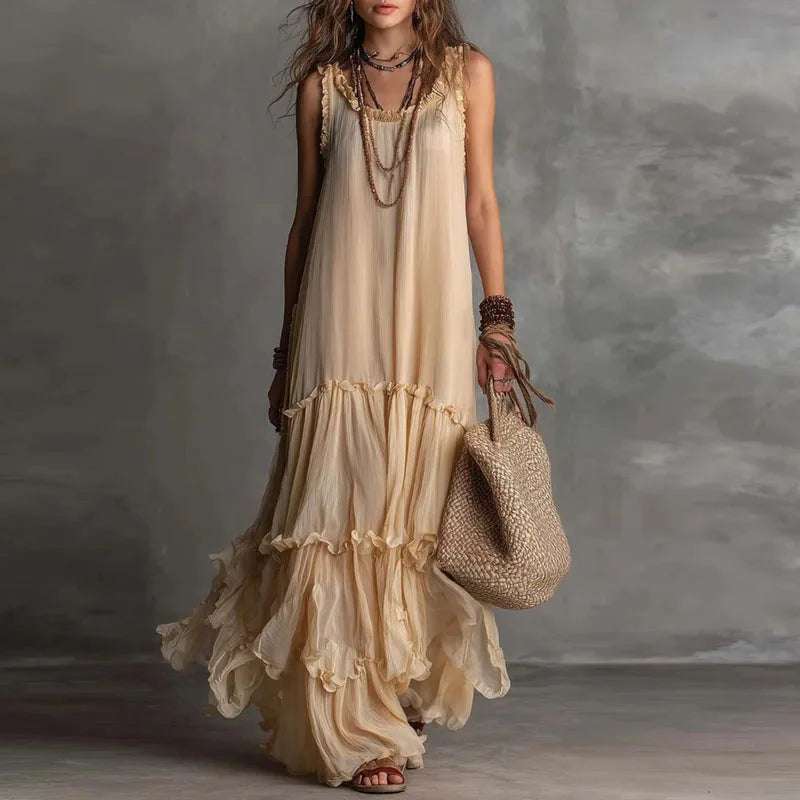 Sleeveless Tiered Ruffle Hem Boho Maxi Dress