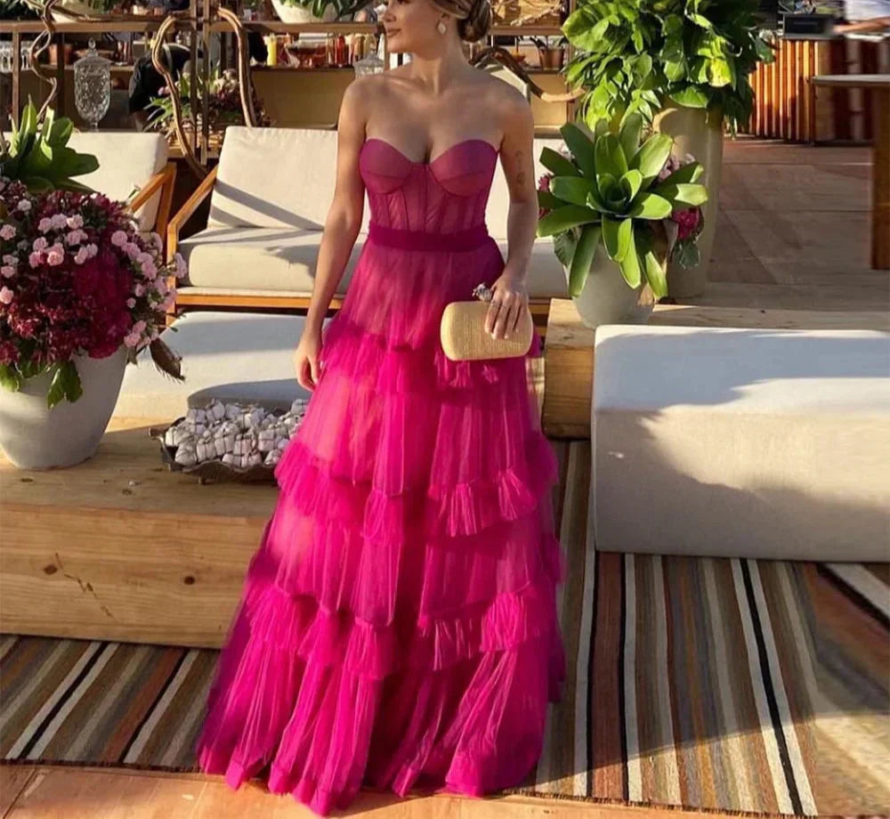 Strapless Sweetheart Corset Tiered Ruffle Tulle Maxi Gown