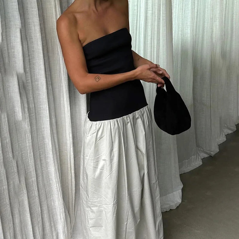Strapless Colorblock Drop Waist Tube Maxi Dress 15