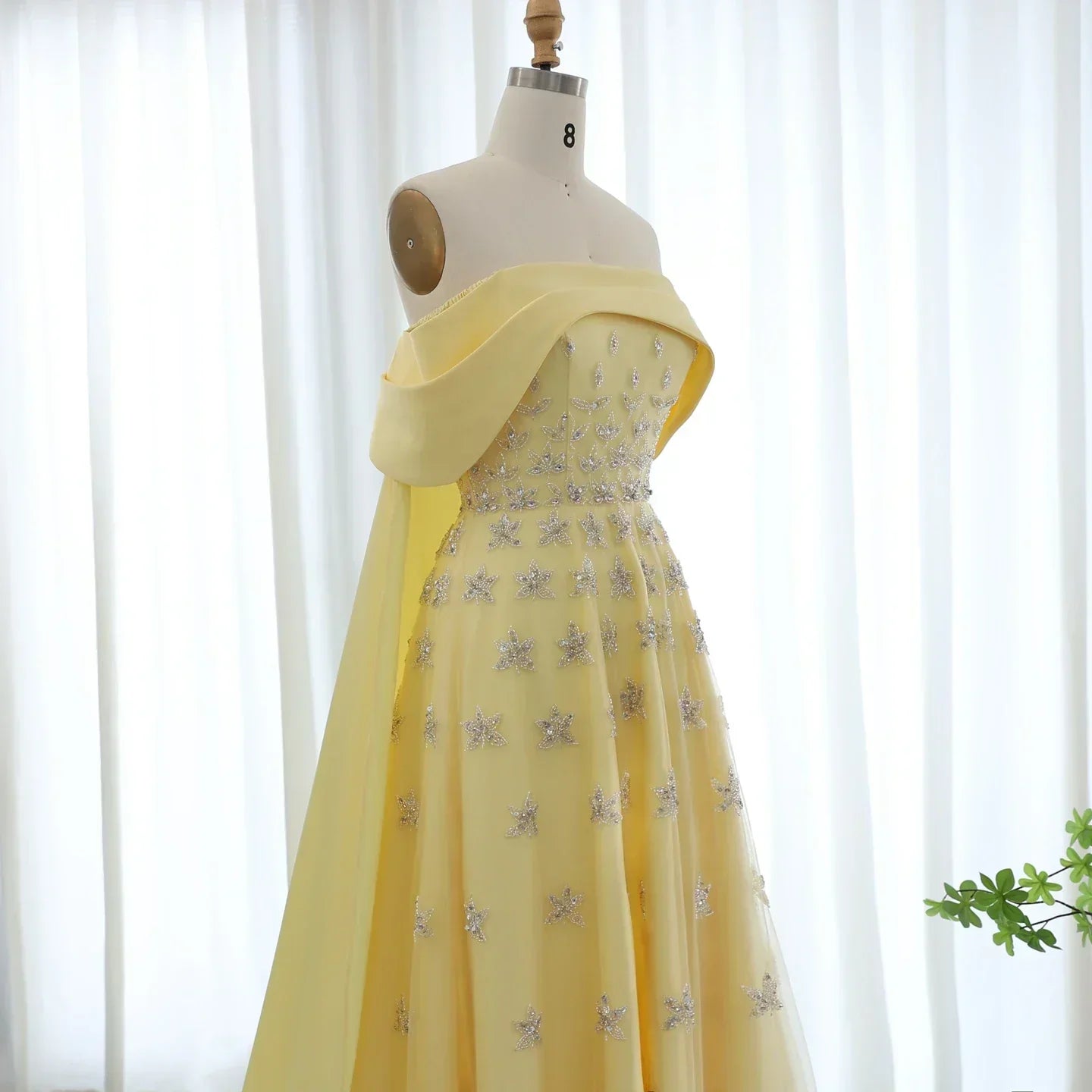 Off Shoulder Rhinestone Floral Beaded Tulle Cape Train A-Line Maxi Gown