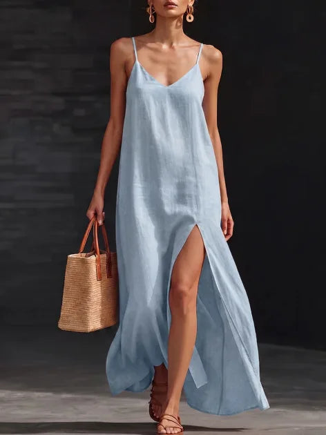 V-Neck Spaghetti Strap High Split Linen Look Maxi Dress
