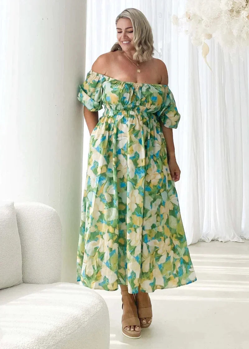 Off Shoulder Puff Sleeve Smocked Waist Pocket Maxi Summer Dress