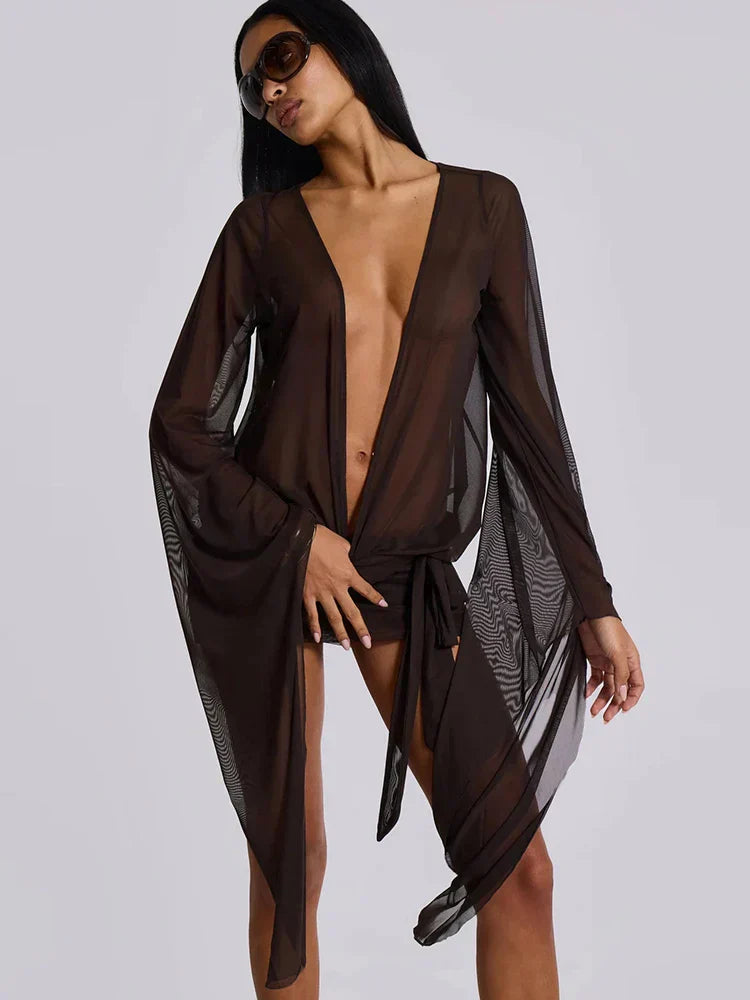 Mesh Irregular Bandage Low Neck Mini Dress - View 6