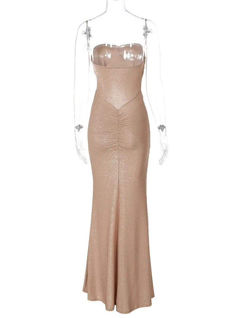 Metallic Strapless Ruched Twist Front Column Maxi Dress
