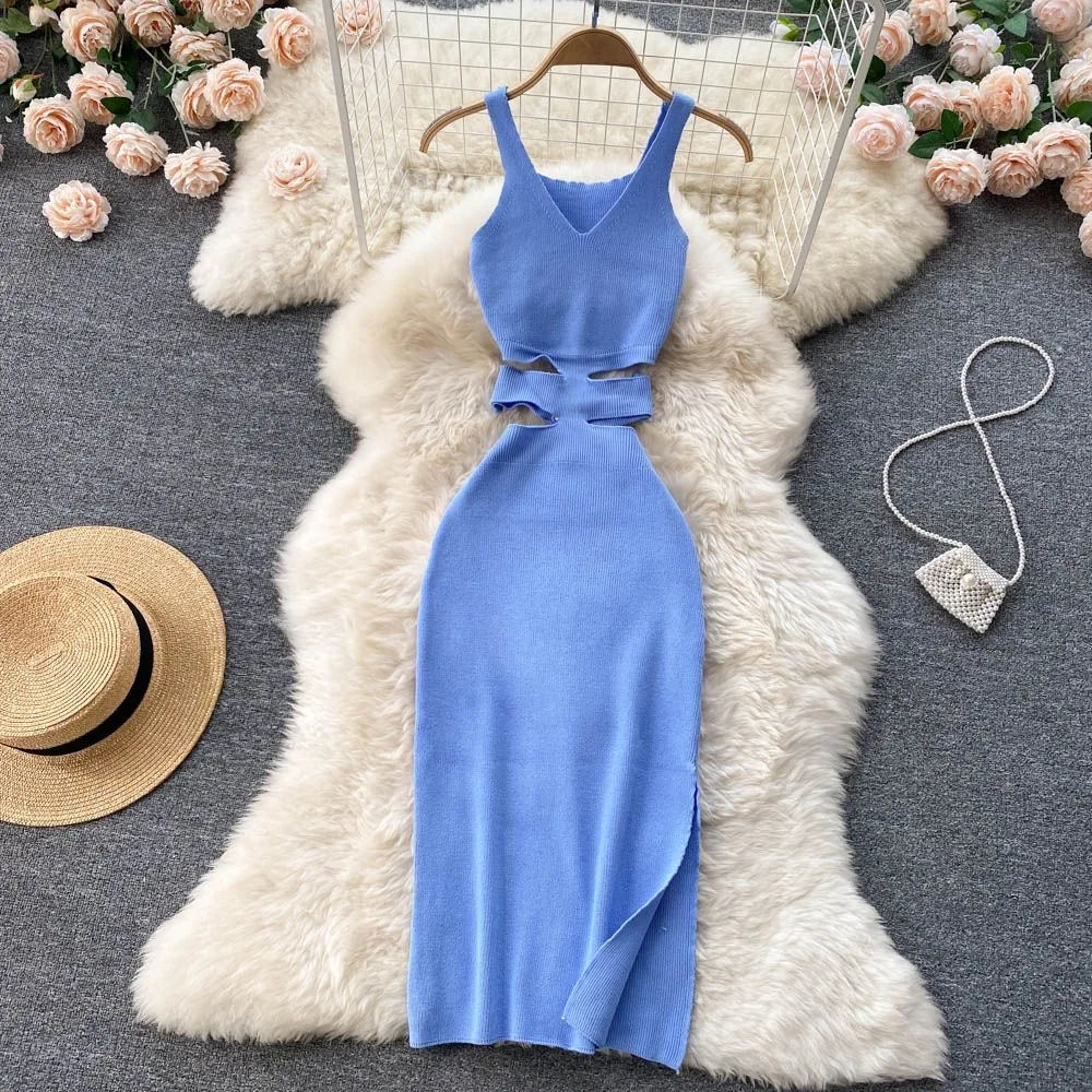 Rib Knit Deep V-Neck Waist Cut Out Side Slit Bodycon Midi Dress