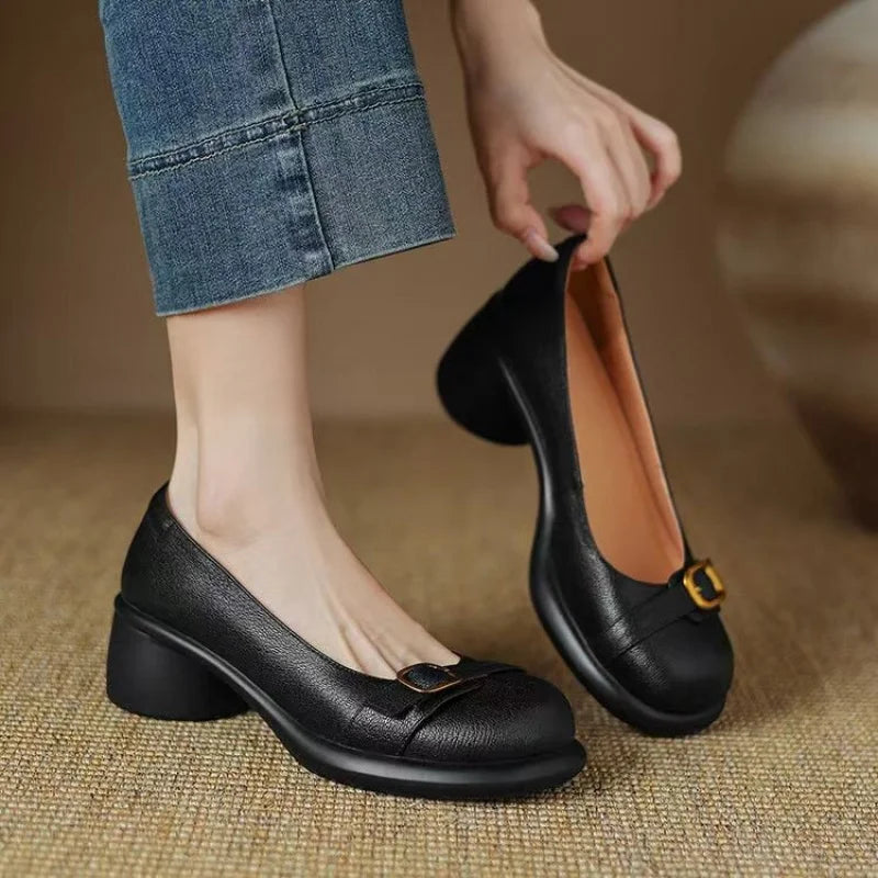 Leather Look Buckle Detail Slip On Block Heel Pumps