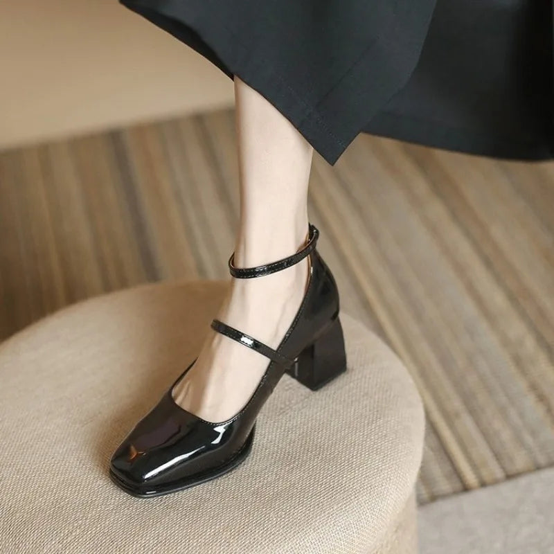 Square Toe Ankle Strap Block Heel Mary Jane Pumps