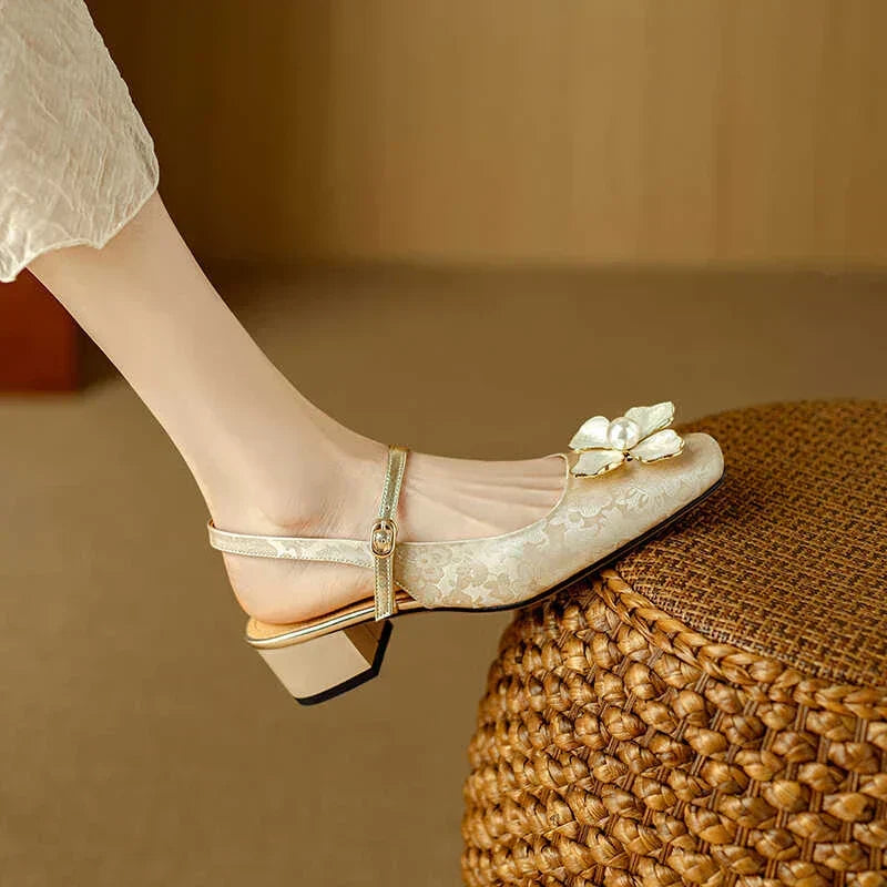 Square Toe Flower Ankle Strap Block Heel Mary Jane Pumps