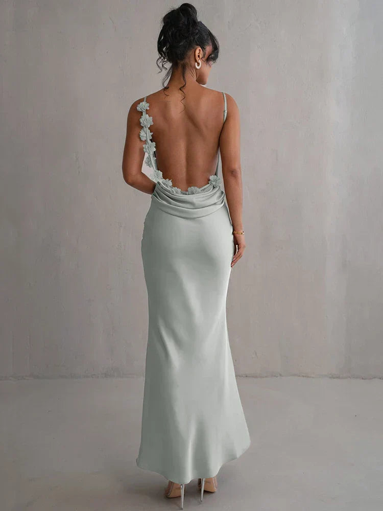 Satin Floral Applique Strap Cowl Back Backless Maxi Dress