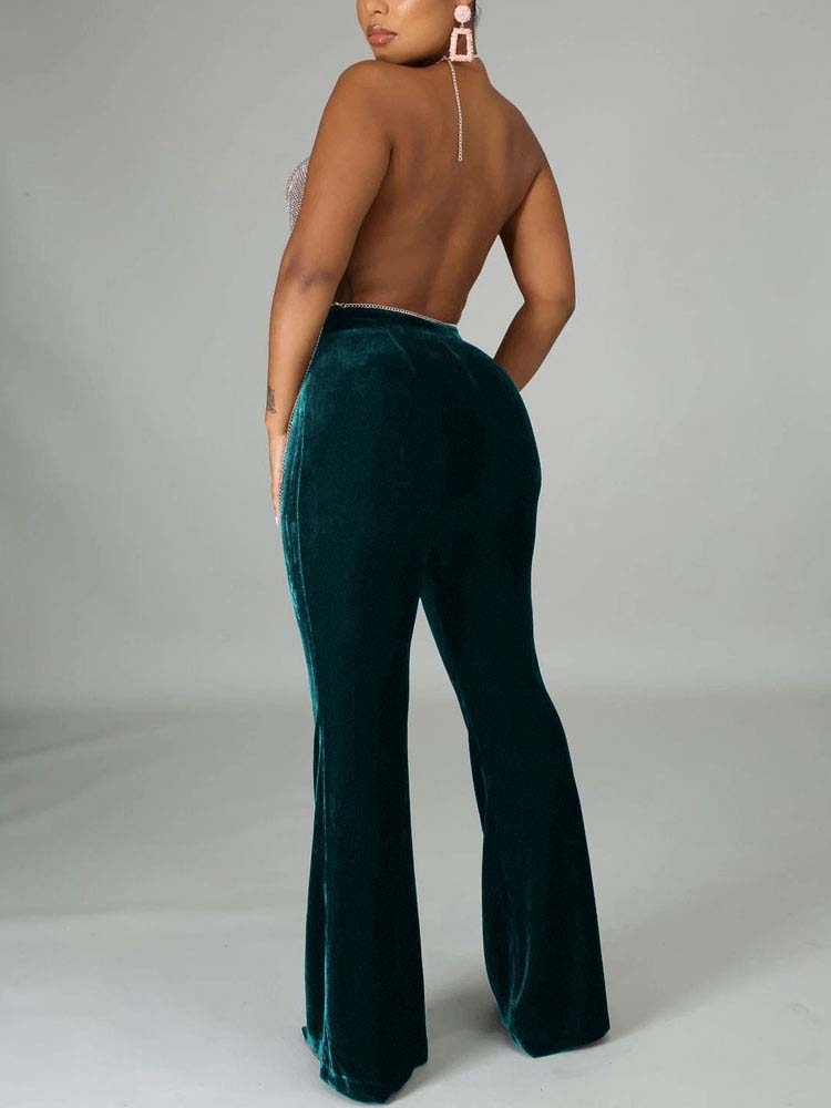High Waist Velvet Front Seam Flare Leg Bell Bottom Pants 4