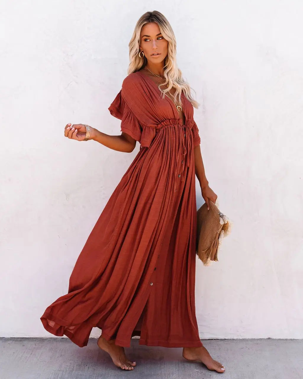 Deep V-Neck Flutter Sleeve Drawstring Button Front Maxi Dress