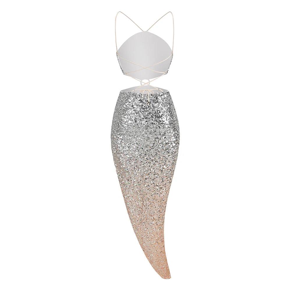 Sequin Halter Neck Cut Out High Split Bodycon Maxi Dress