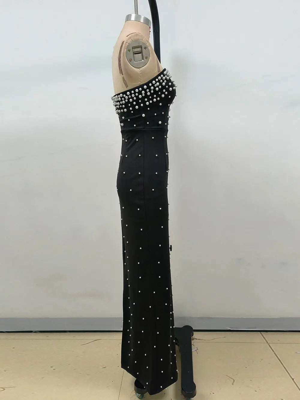 Pearl Embellished Strapless Tube Bodice Bodycon Maxi Gown