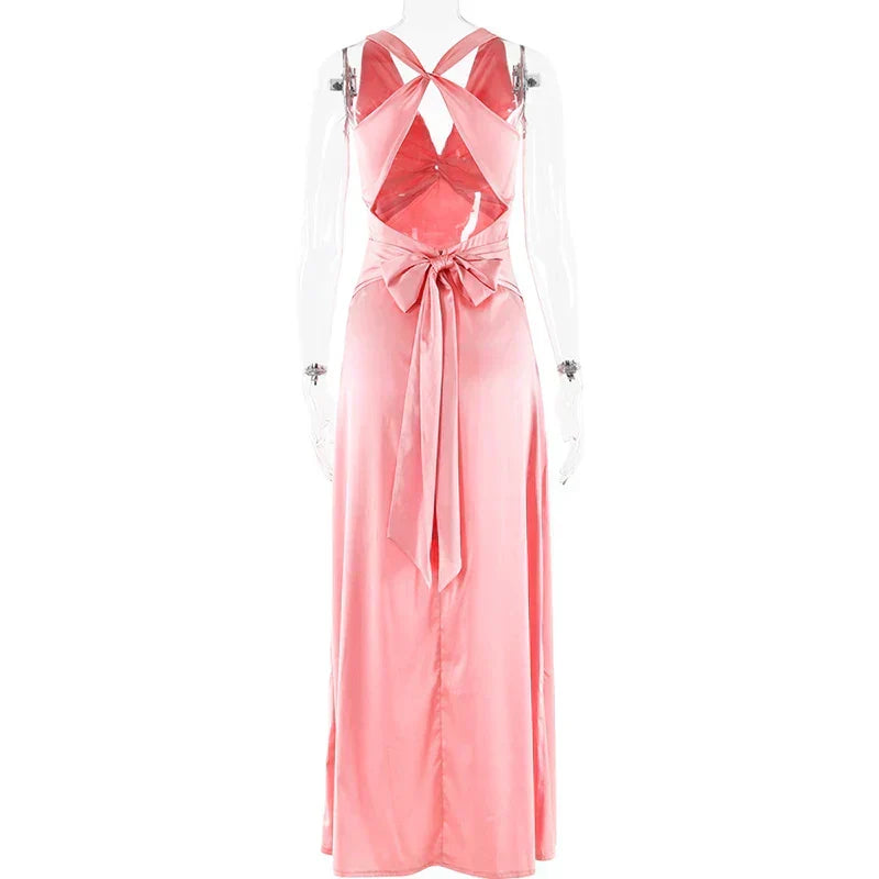 Satin Deep V-Neck Halter Twist Front Sleeveless Maxi Dress 9