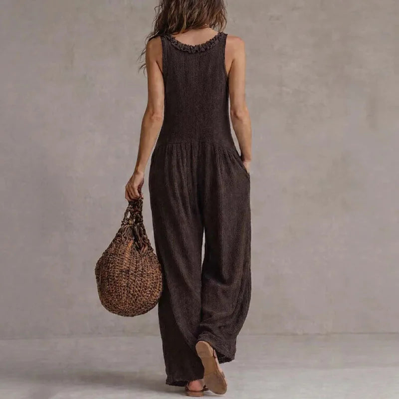 Deep V-Neck Button Front Sleeveless Wide Leg Jumpsuit