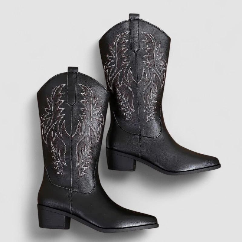 Embroidered Pointed Toe Block Heel Western Cowboy Boots