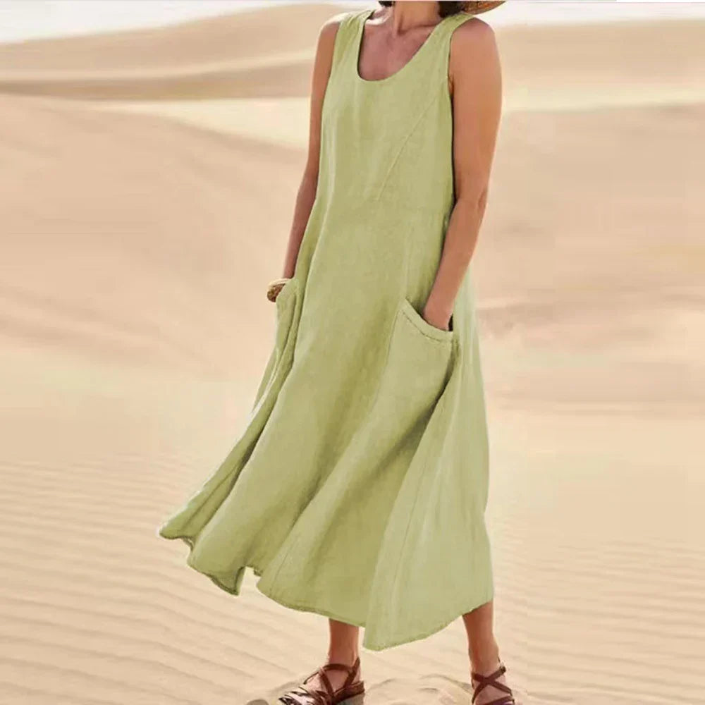 Brianna Boutique Women's Long Summer Dress in Cotton Linen with Pockets Premium Wardrobe Essential