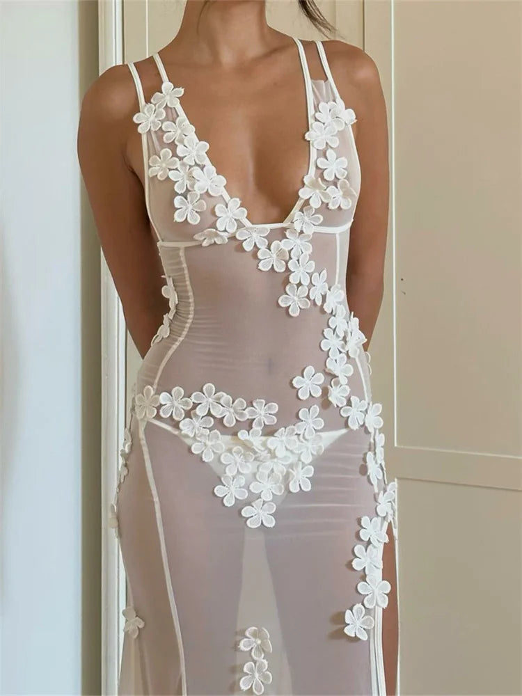 Mesh Strap Split Backless Floral Dress 2