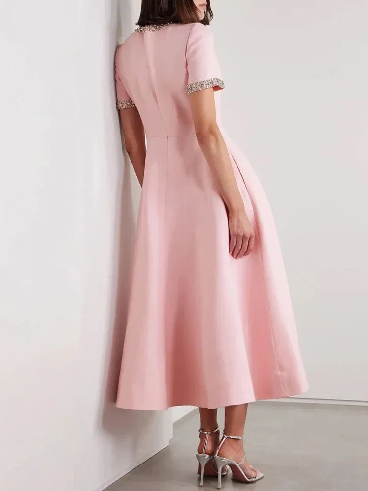 Rhinestone Trim Bow Detail Keyhole Neck Short Sleeve A-Line Midi Dress