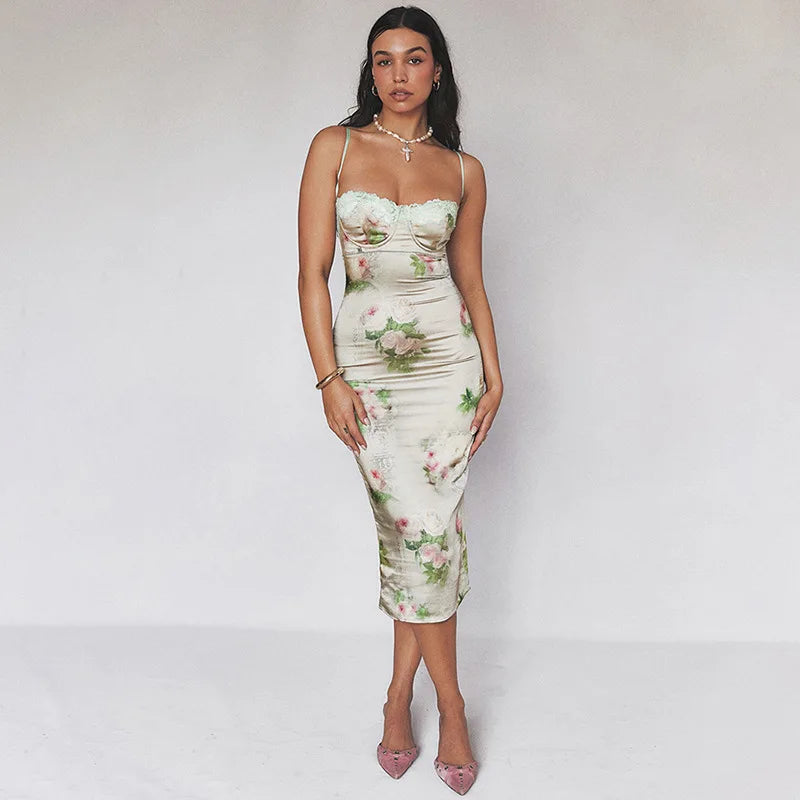 Silk Strap Lace Backless Floral Dress 3