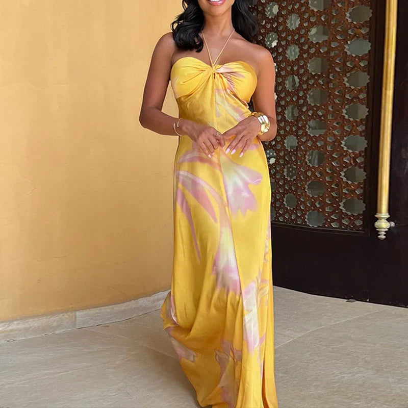 Satin Halter Neck Twist Front Slim Maxi Dress