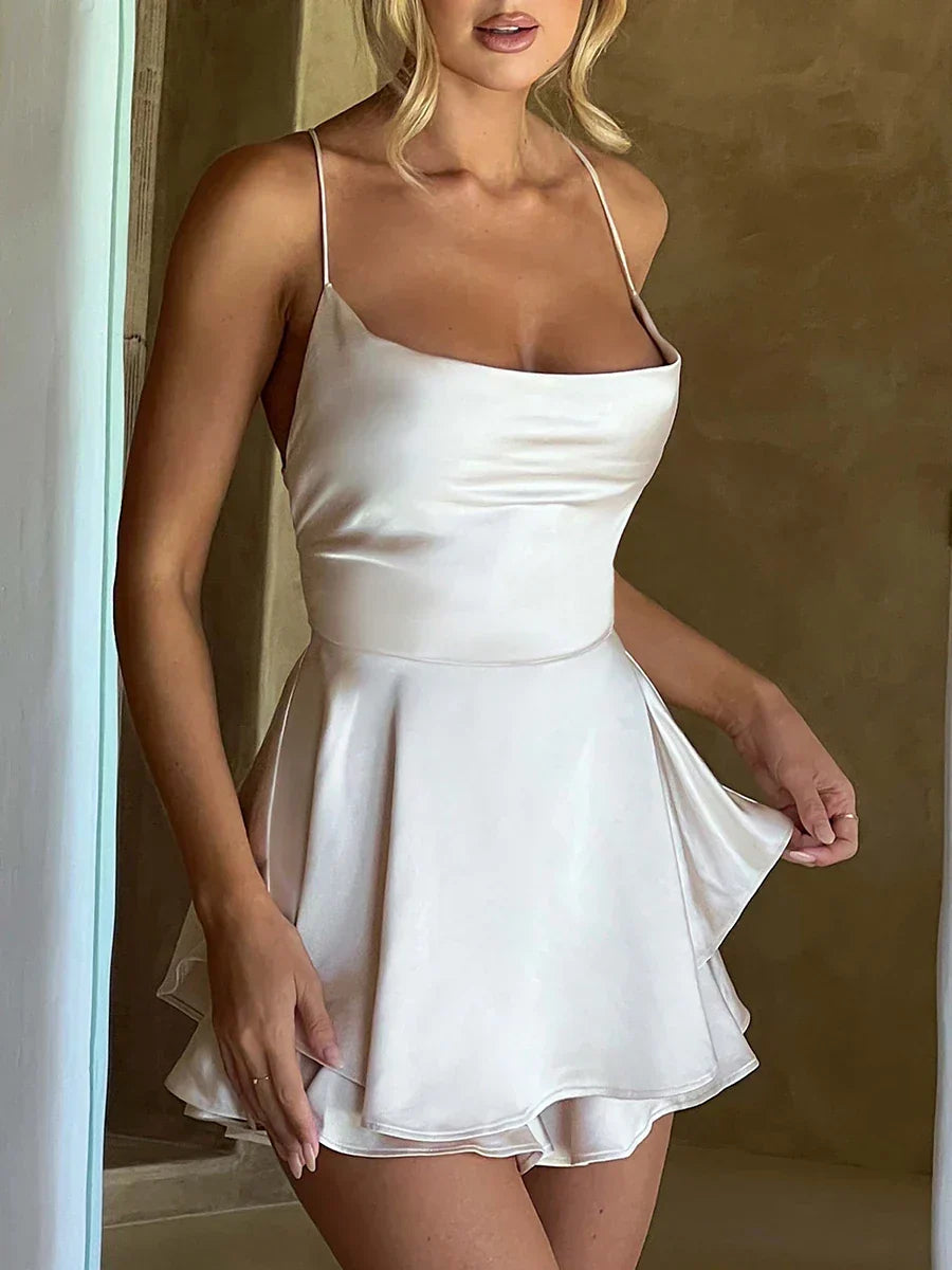 Satin Cowl Neck Spaghetti Strap Layered Ruffle Hem Mini Dress