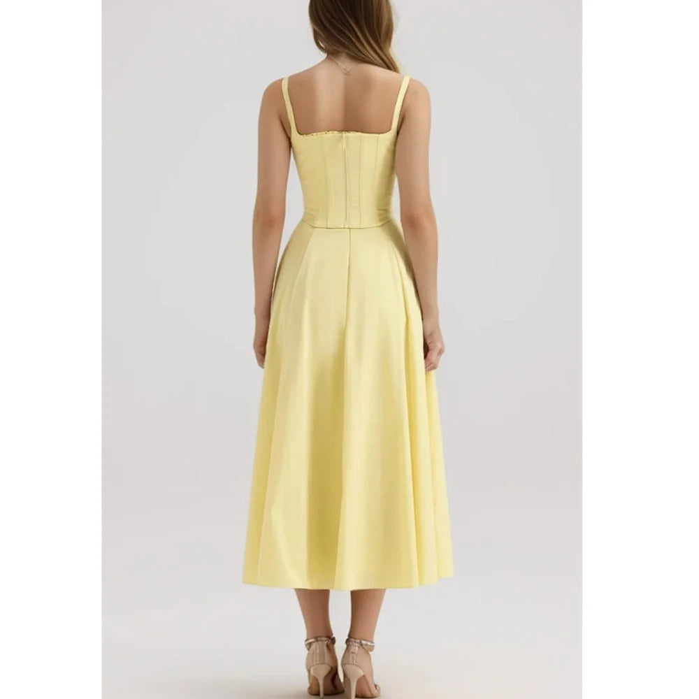 Corset Tie Shoulder Square Neck Ruffle High Split Midi Dress