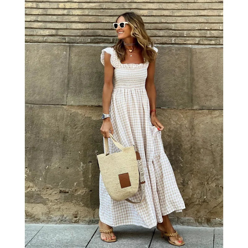 Gingham Square Neck Smocked Ruffle Strap Tiered Maxi Dress