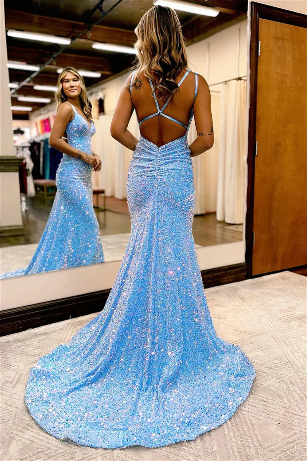 Sequin V-Neck Sleeveless Backless Bodycon Maxi Party Dress