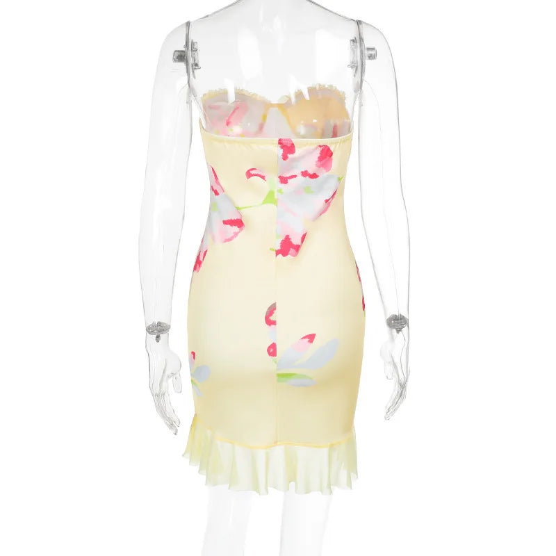 Floral Print Strapless Sweetheart Bustier Lettuce Hem Bodycon Mini Dress