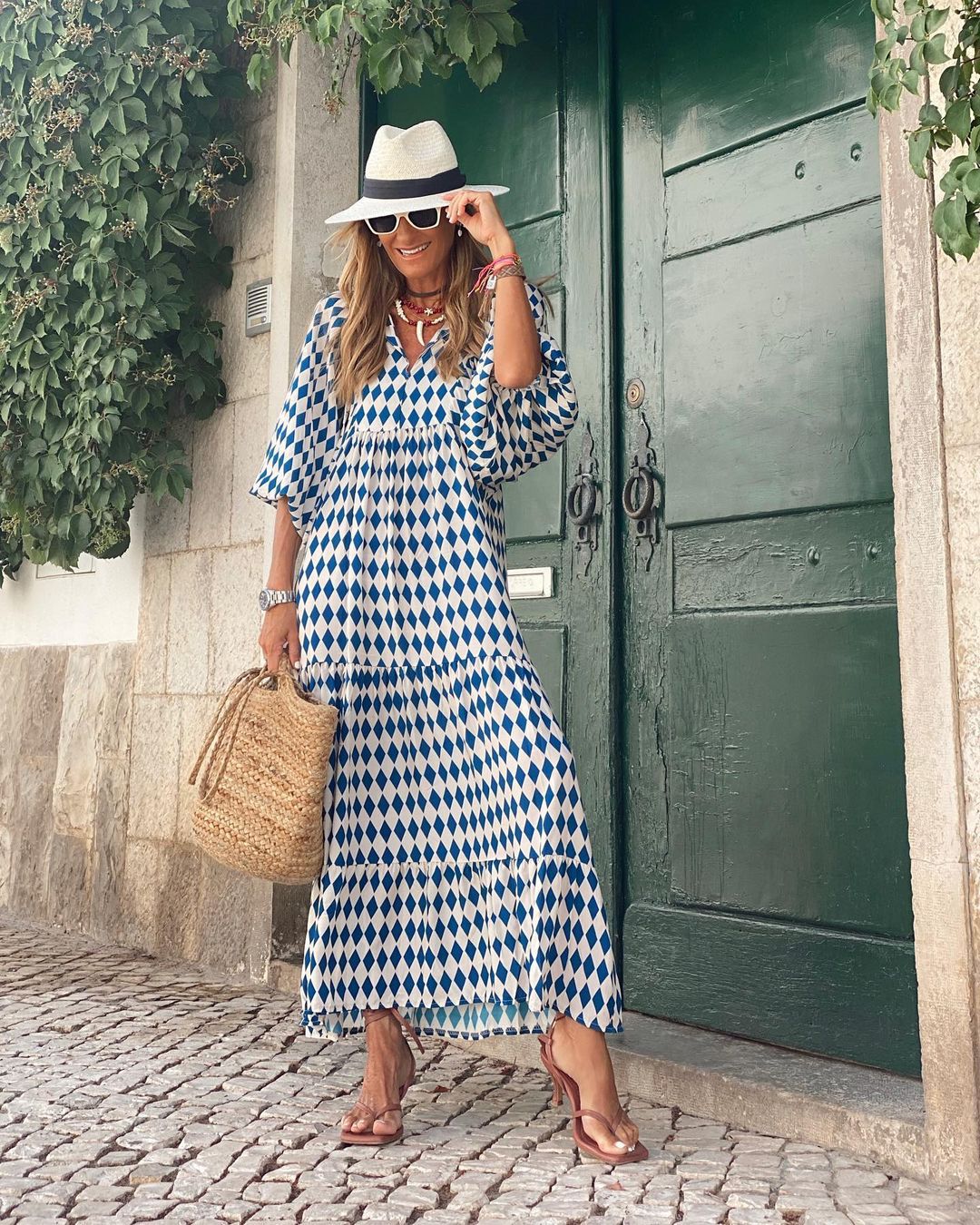 Geometric Print V-Neck Puff Sleeve Tiered High Low Maxi Dress