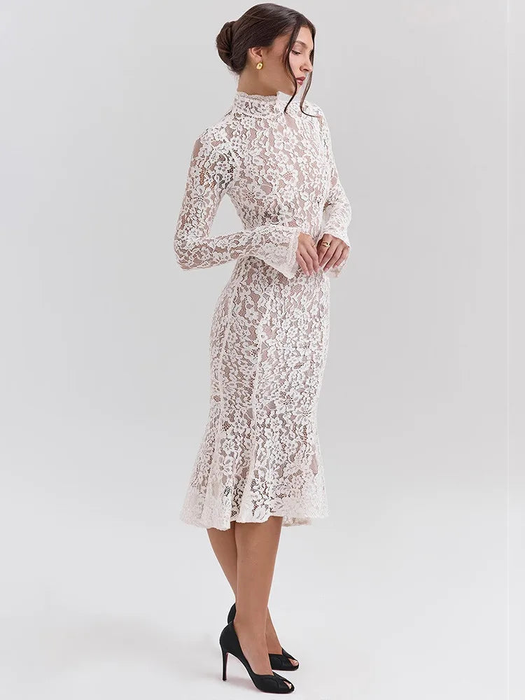 Floral Lace Mock Neck Long Sleeve Scalloped Cuff Bodycon Gown