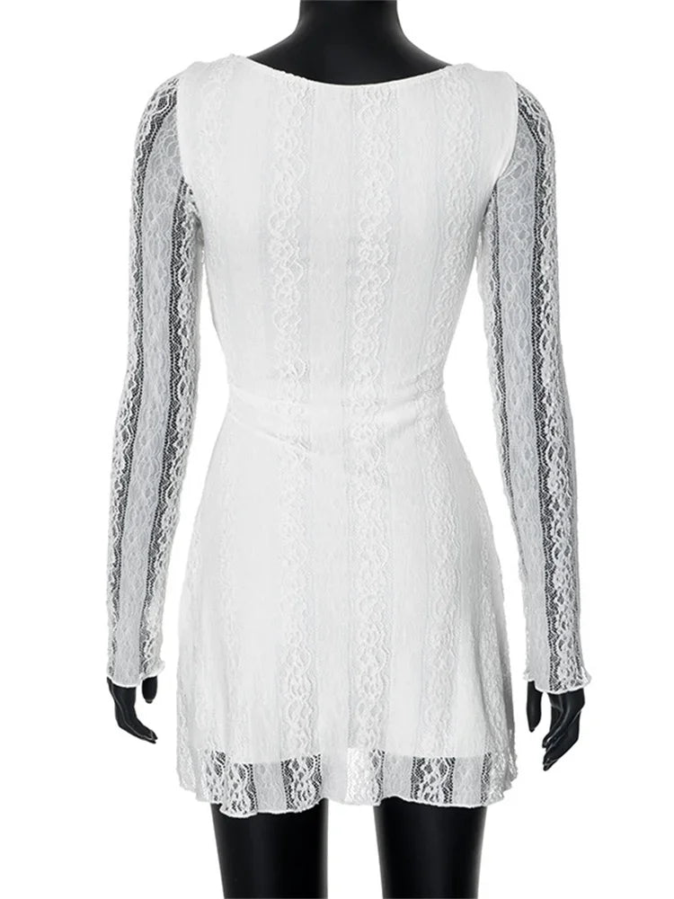 Lace Boat Neck Long Sleeve A-Line Mini Dress 6