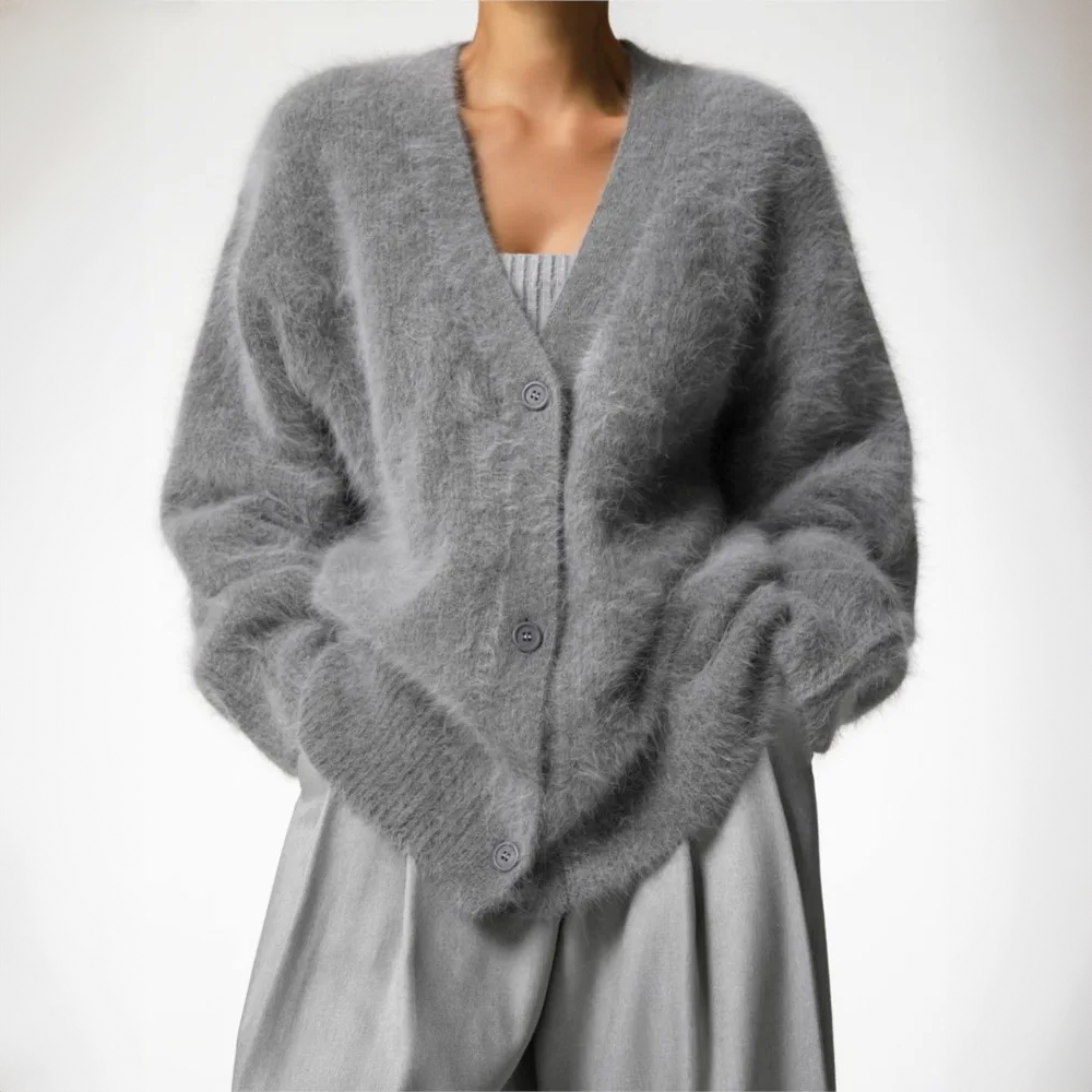 Fuzzy Knit V-Neck Button Front Cardigan