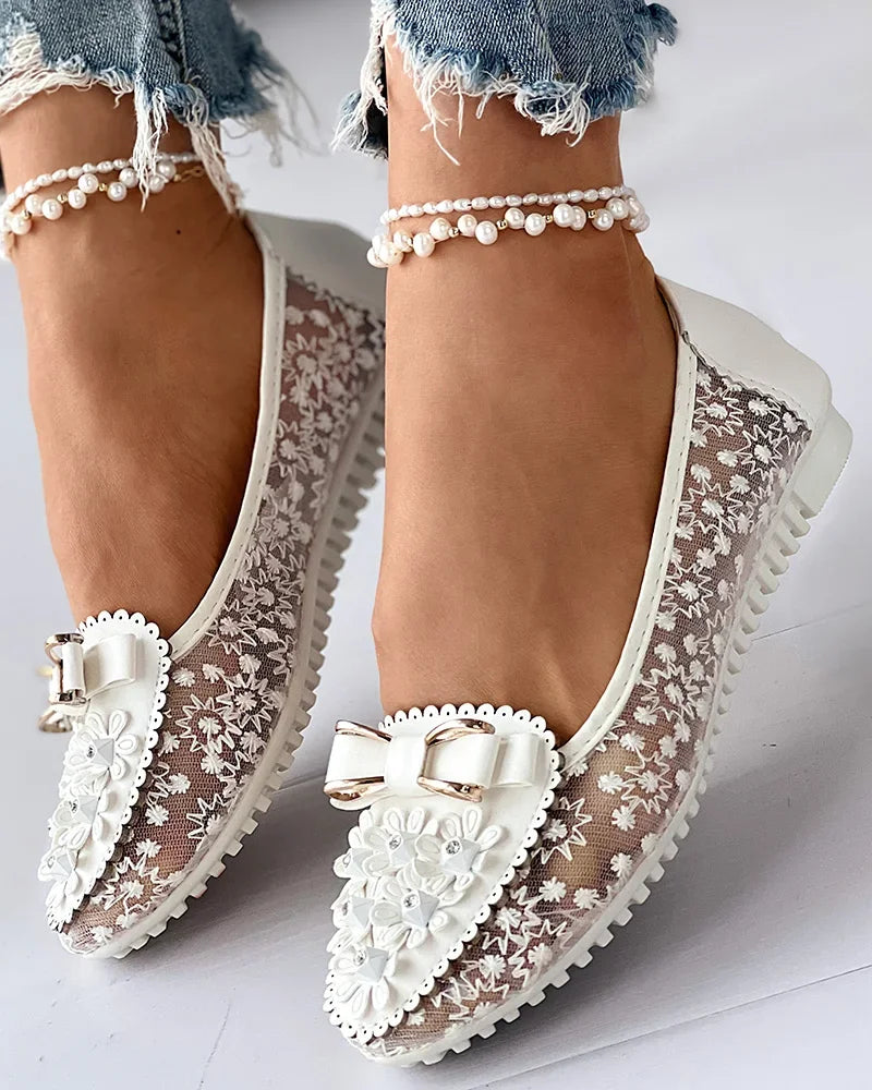 Floral Applique Bow Mesh Slip On Loafer Flats