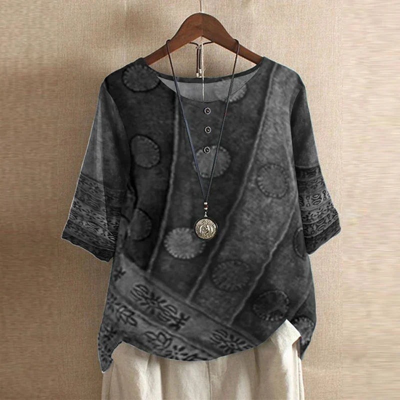 Round Neck Half Sleeve Floral Button Blouse